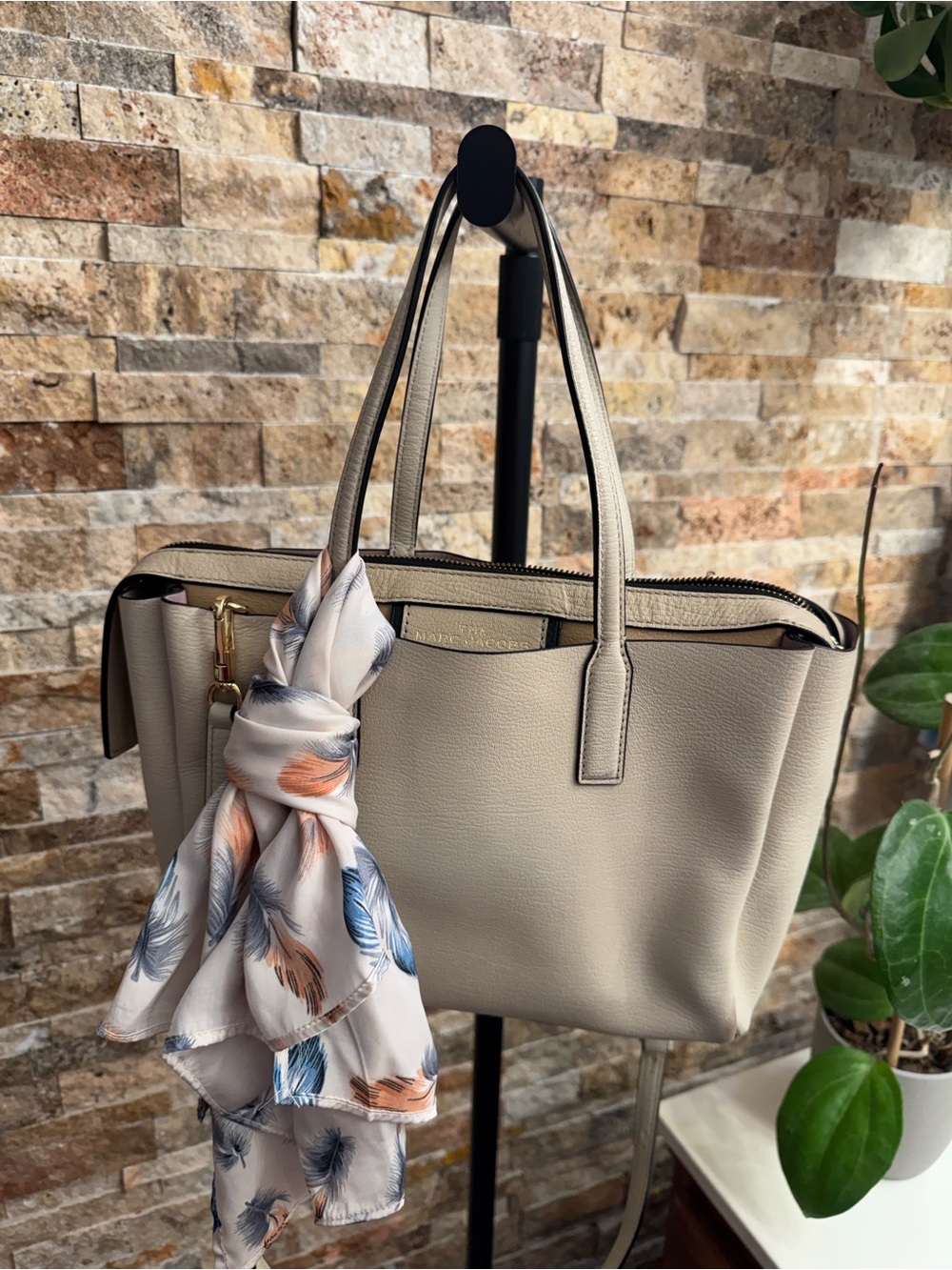 Marc Jacobs Neutral Beige Leather Tote with Decorative Scarf